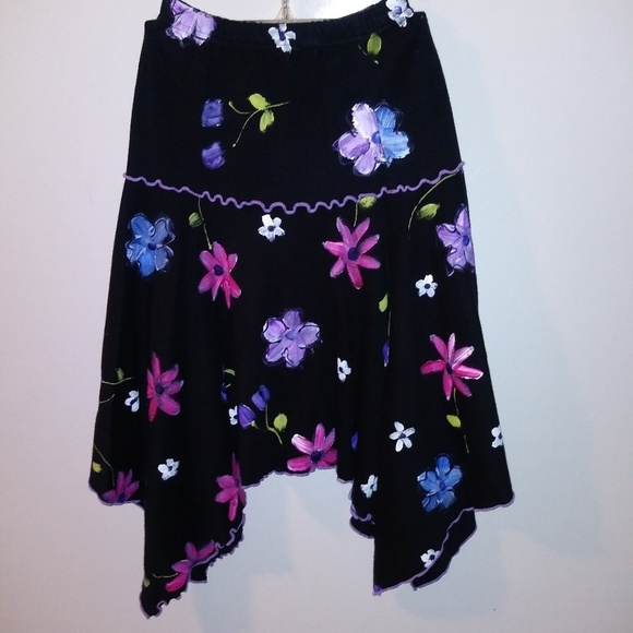 VTG hand painted skirt Knit NWOT Handkerchief hem purple trim flare stretch - Picture 1 of 6